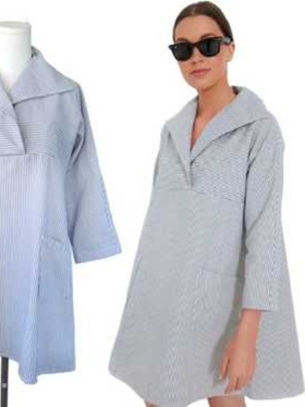 NWOT Tuckernuck XS Sloane Mini Swing Dress French Blue Stripe Cotton 3/4 Sleeve